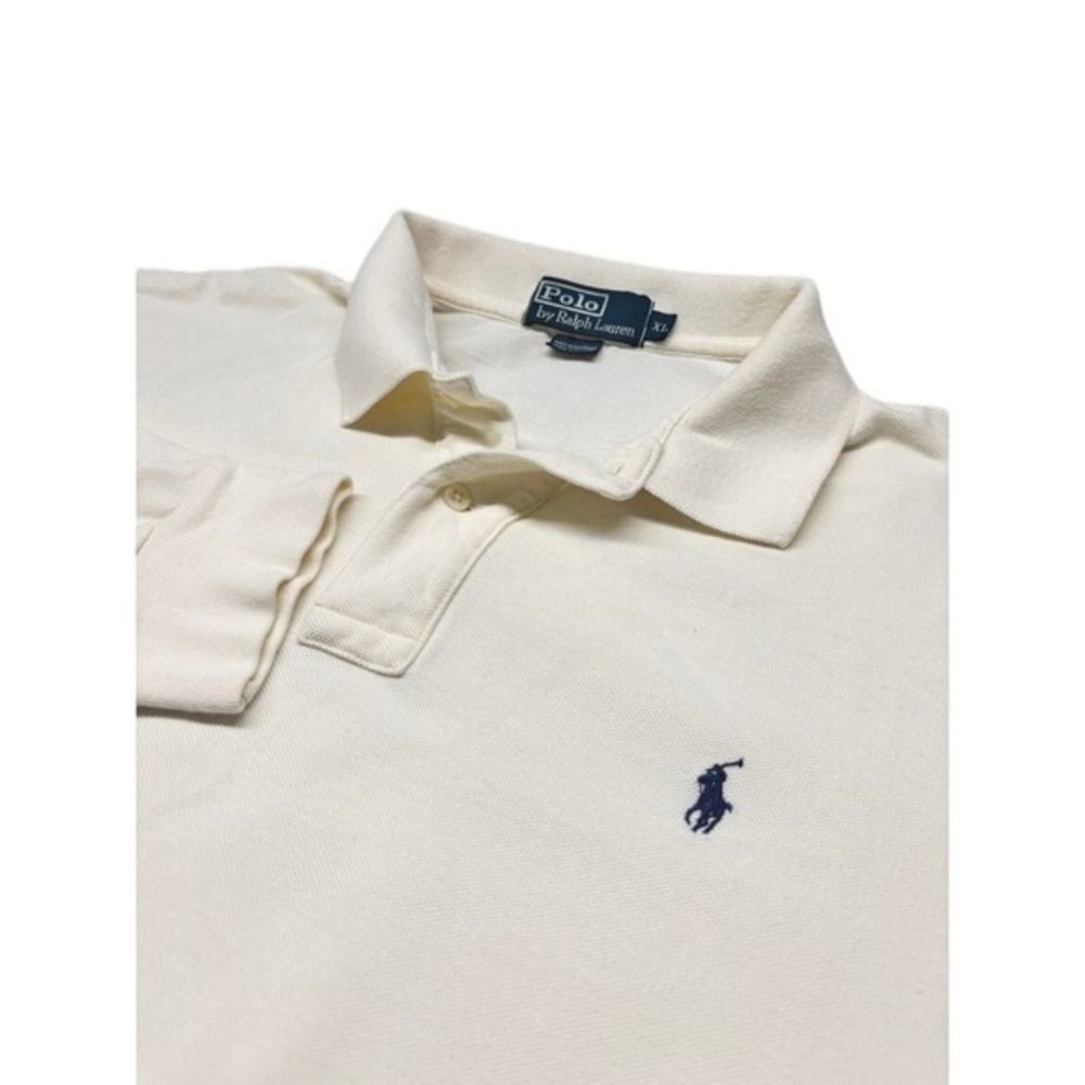 Polo Ralph Lauren Long Sleeve Polo Men XL Cream Cotton Pique‎ Navy Pony Logo